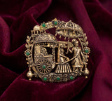 Royal Indian Wedding Procession Brooch | Antique Gold Doli & Royal Couple Pin with Emerald Accents