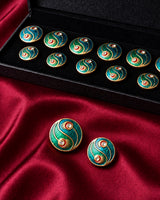 Mor Pankh Peacock Feather Enamel Buttons (Set of 13) | Dual-Tone Green & Teal Metal Buttons for Sherwani