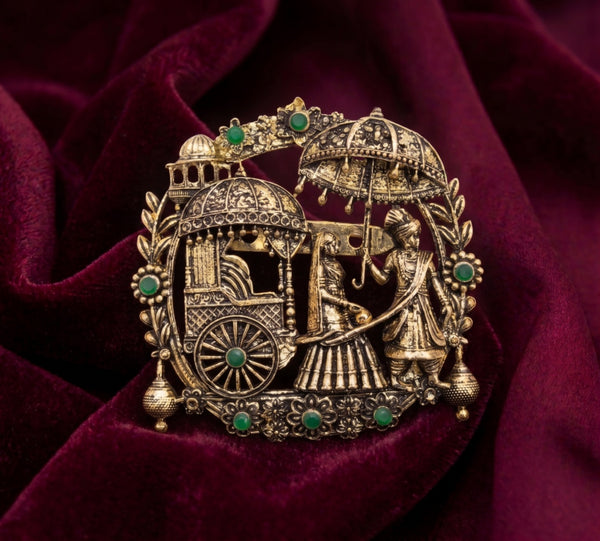 Royal Indian Wedding Procession Brooch | Antique Gold Doli & Royal Couple Pin with Emerald Accents