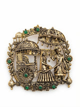 Royal Indian Wedding Procession Brooch | Antique Gold Doli & Royal Couple Pin with Emerald Accents