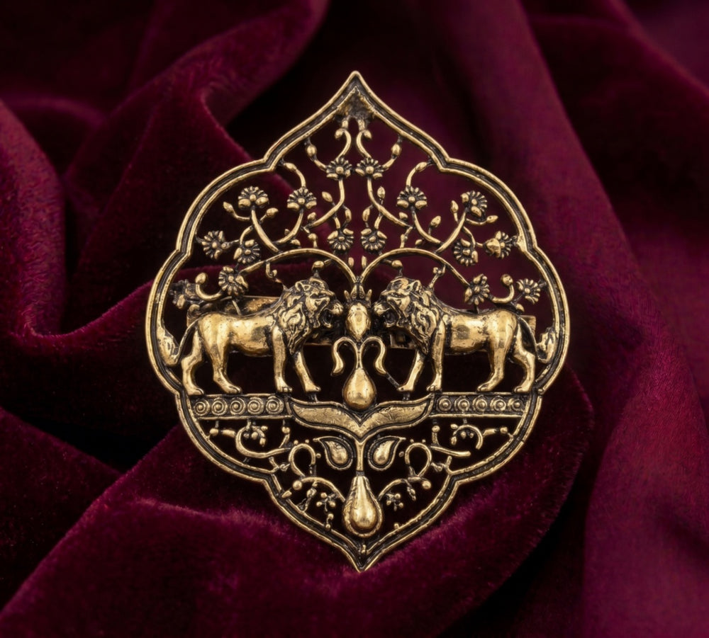 Royal Twin Lions Jharokha Brooch | Antique Gold Heritage Floral Lapel Pin for Sherwani & Bandhgala