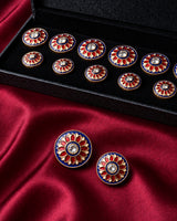 Royal Blue & Ruby Enamel Bloom Buttons (Set of 13) | Handcrafted Gold Metal Sherwani & Kurta Buttons