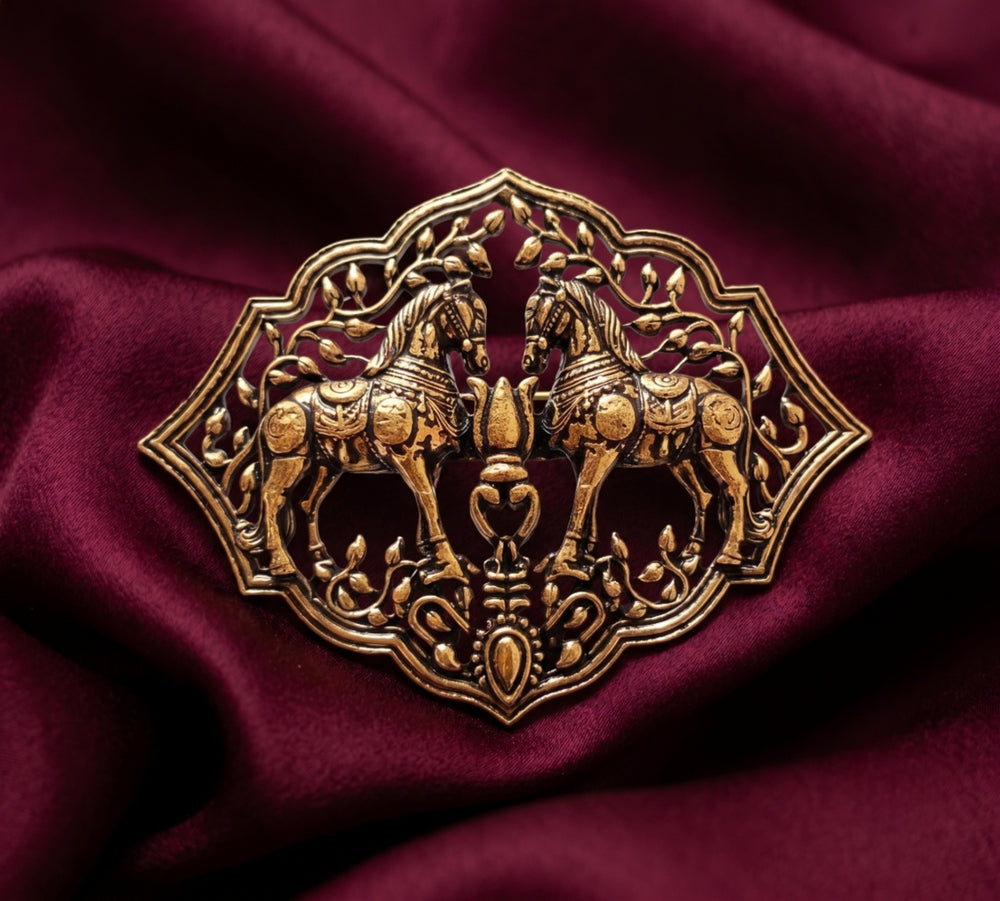 Royal Twin Ashwa Antique Gold Brooch | Handcrafted Heritage Lapel Pin for Sherwani & Sarees