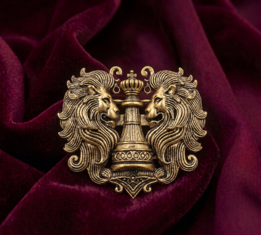 Imperial Chess King & Twin Lions Brooch | Antique Gold Royal Rook Crest Lapel Pin