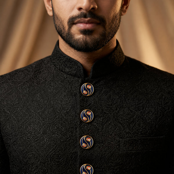 Mor Pankh Peacock Feather Cobalt Blue Buttons (Set of 13) | Gold Metal Sherwani & Blazer Buttons