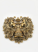 Imperial Chess King & Twin Lions Brooch | Antique Gold Royal Rook Crest Lapel Pin
