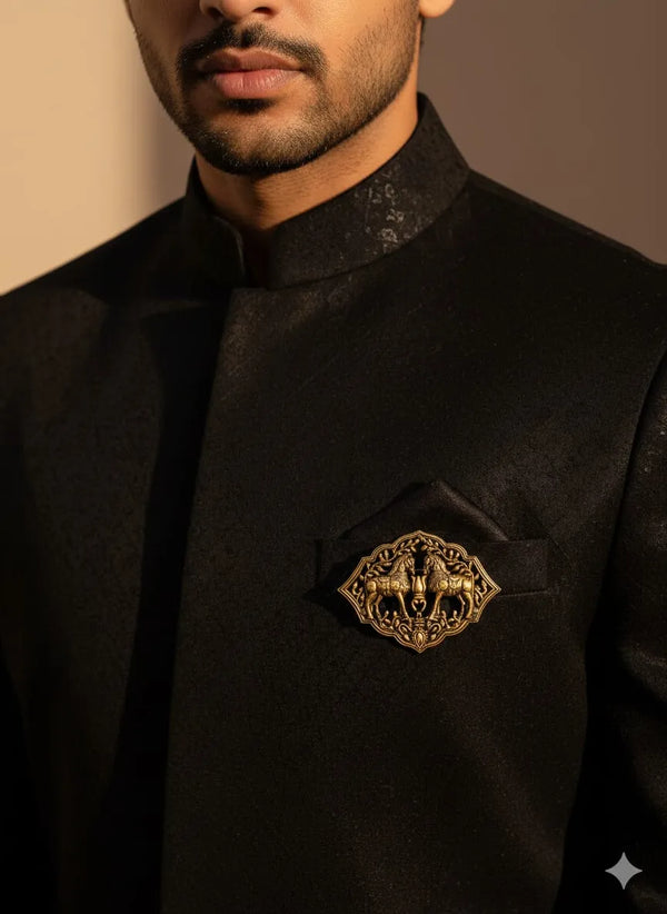 Royal Twin Ashwa Antique Gold Brooch | Handcrafted Heritage Lapel Pin for Sherwani & Sarees
