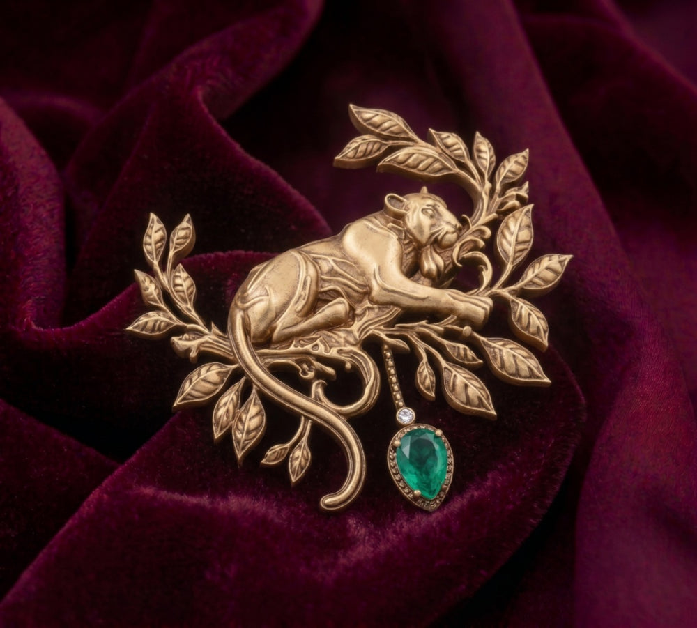 Antique Gold Stalking Leopard Brooch with Emerald Teardrop | Vintage Panther Wildcat Pin