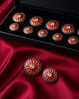 Crimson Starburst & Black Enamel Buttons (Set of 13) | Geometric Metal Buttons for Sherwani & Blazers