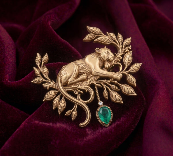 Antique Gold Stalking Leopard Brooch with Emerald Teardrop | Vintage Panther Wildcat Pin