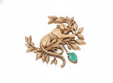 Antique Gold Stalking Leopard Brooch with Emerald Teardrop | Vintage Panther Wildcat Pin