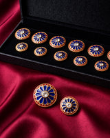 Royal Blue Starburst & Crimson Enamel Buttons (Set of 13) | Gold Metal Lapel Buttons for Kurtas