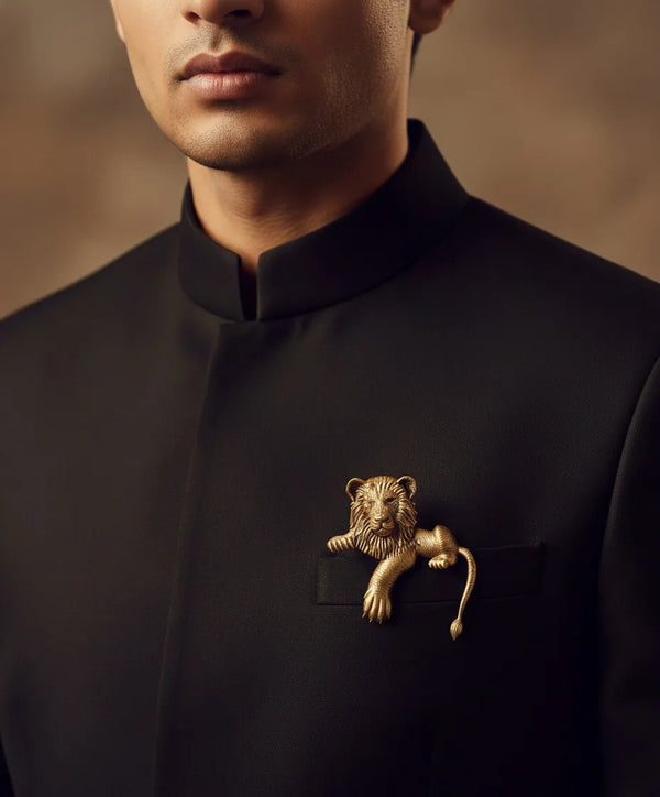 Sculpted Regal Lion antique Gold Brooch | 3D Prowling Lion Lapel Pin for Suits & Bandhgalas