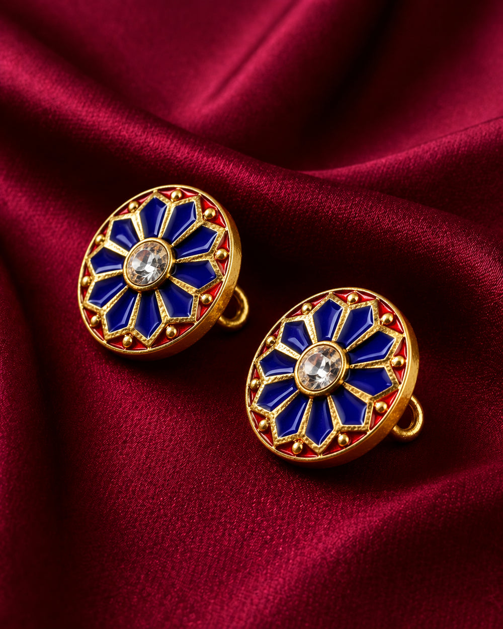 Royal Blue Starburst & Crimson Enamel Buttons (Set of 13) | Gold Metal Lapel Buttons for Kurtas