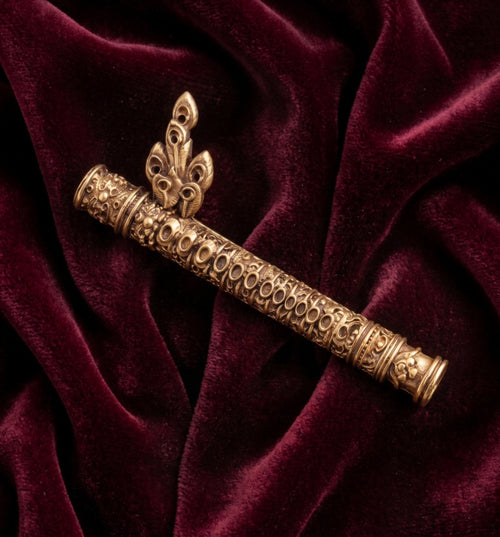Antique Gold Krishna Bansuri Brooch with Peacock Feather | Divine Flute Lapel Pin