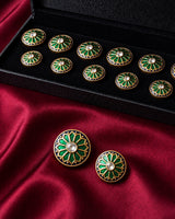 Emerald Green Starburst Enamel Buttons (Set of 13) | Gold Plated Metal Buttons for Sherwani & Suits