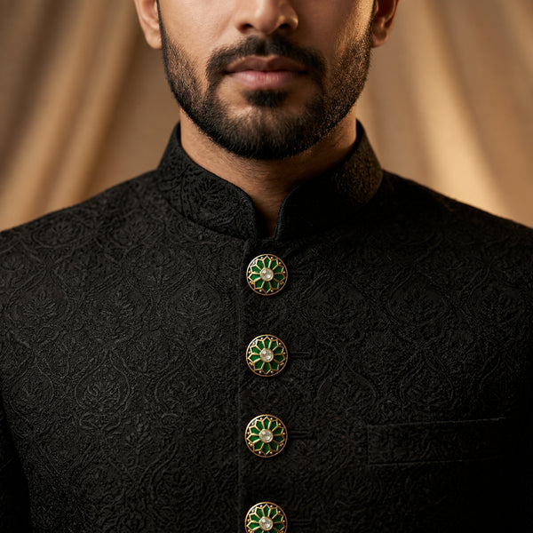 Emerald Green Starburst Enamel Buttons (Set of 13) | Gold Plated Metal Buttons for Sherwani & Suits