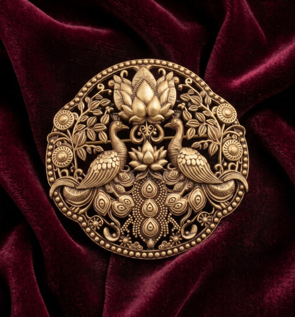Antique Gold Twin Peacock & Blooming Lotus Brooch | Temple Mandala Saree & Sherwani Pin