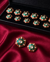 Hexagonal Emerald Green & Red Enamel Buttons (Set of 13) | Kundan Style Buttons for Groom Sherwani