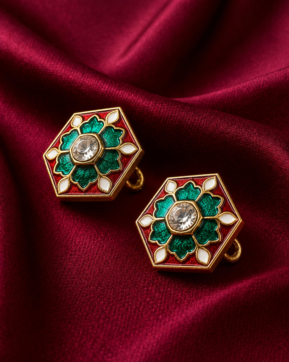 Hexagonal Emerald Green & Red Enamel Buttons (Set of 13) | Kundan Style Buttons for Groom Sherwani