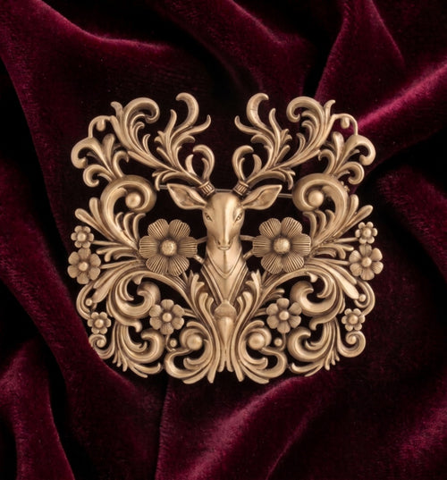 Antique Gold Forest Stag Brooch with Floral Antlers | Baroque Deer Lapel Pin
