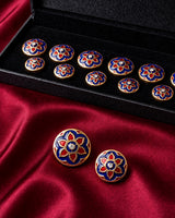 Traditional Blue & Red Lotus Enamel Buttons (Set of 13) | Gold Metal Buttons for Sherwani & Kurtas