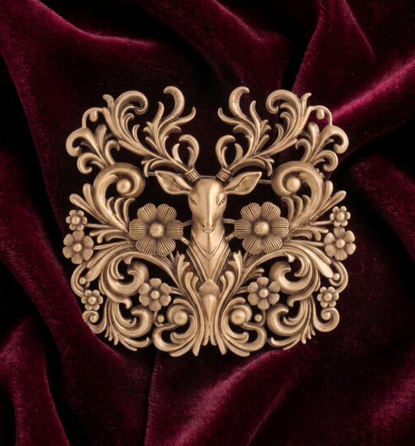 Antique Gold Forest Stag Brooch with Floral Antlers | Baroque Deer Lapel Pin