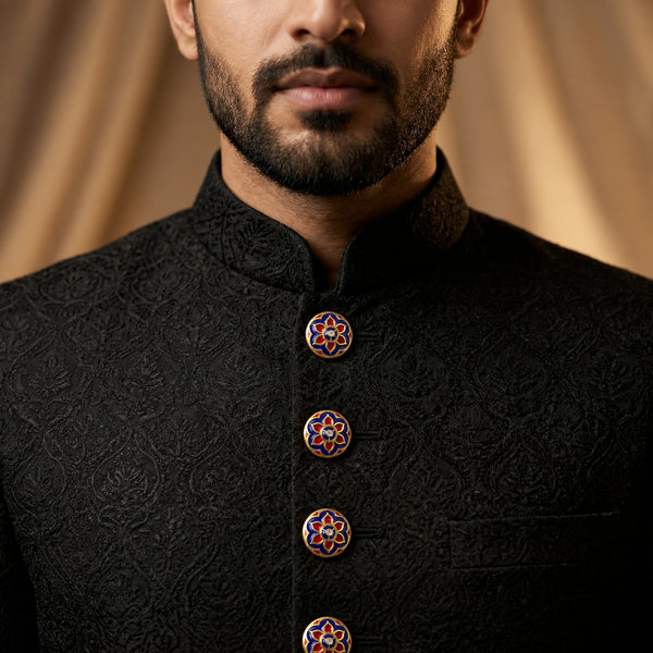 Traditional Blue & Red Lotus Enamel Buttons (Set of 13) | Gold Metal Buttons for Sherwani & Kurtas