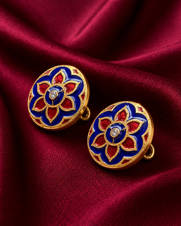 Traditional Blue & Red Lotus Enamel Buttons (Set of 13) | Gold Metal Buttons for Sherwani & Kurtas