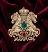 Royal Twin Horse Crest Brooch with Ruby & Emerald Jewels | Imperial Crown Lapel Pin