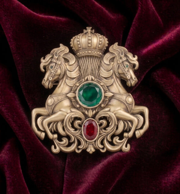 Royal Twin Horse Crest Brooch with Ruby & Emerald Jewels | Imperial Crown Lapel Pin