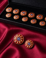 Crimson Sunburst & Navy Blue Eye Buttons (Set of 13) | Antique Gold Metal Buttons for Sherwani
