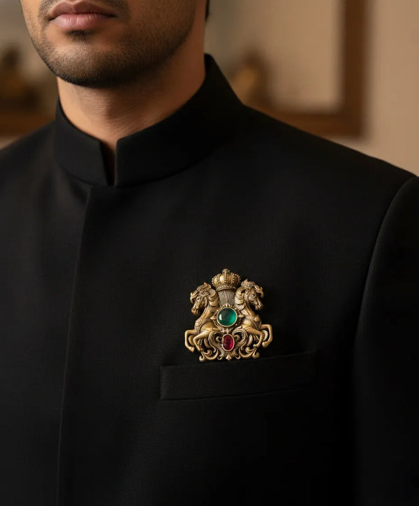Royal Twin Horse Crest Brooch with Ruby & Emerald Jewels | Imperial Crown Lapel Pin