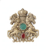 Royal Twin Horse Crest Brooch with Ruby & Emerald Jewels | Imperial Crown Lapel Pin