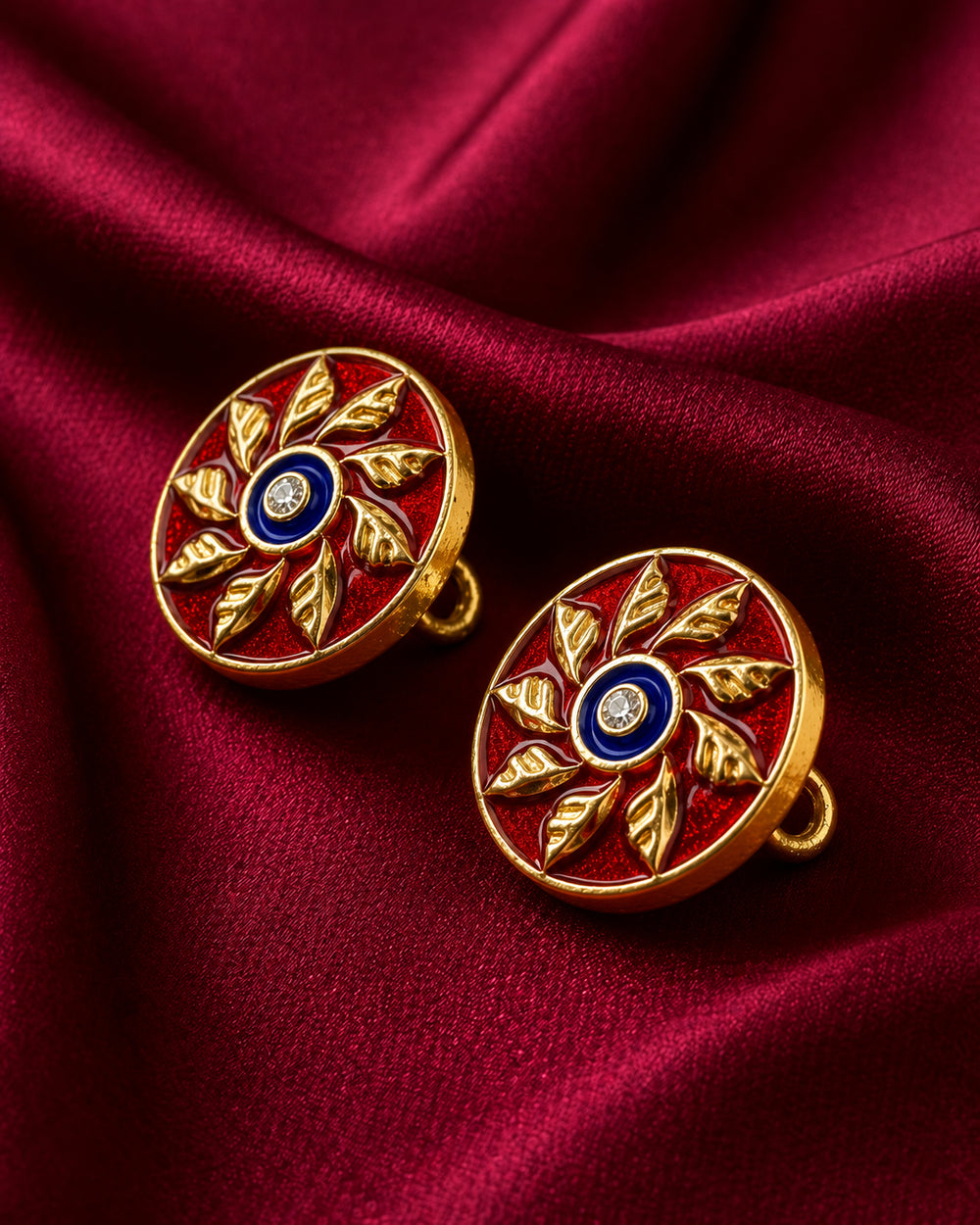 Crimson Sunburst & Navy Blue Eye Buttons (Set of 13) | Antique Gold Metal Buttons for Sherwani