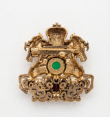 Royal Twin Horse Crest Brooch with Ruby & Emerald Jewels | Imperial Crown Lapel Pin