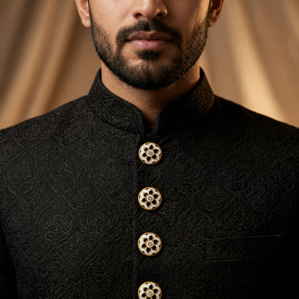 Monochrome Ivory & Black Lotus Enamel Buttons (Set of 13) | Gold Metal Lapel Buttons for Blazers & Kurtas