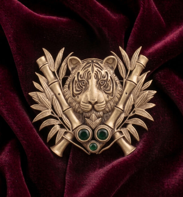Royal Bengal Tiger Crest Brooch with Emerald Stones | Antique Gold Lapel Pin for Sherwani & Suits