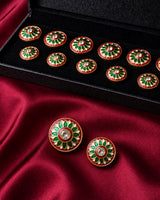 Crimson Red & Emerald Floral Enamel Buttons (Set of 13) | Gold Metal Kurta & Sherwani Buttons