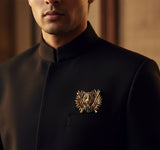 Royal Bengal Tiger Crest Brooch with Emerald Stones | Antique Gold Lapel Pin for Sherwani & Suits
