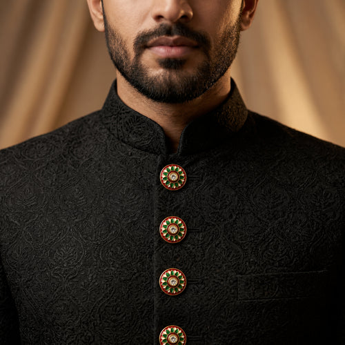 Crimson Red & Emerald Floral Enamel Buttons (Set of 13) | Gold Metal Kurta & Sherwani Buttons