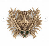 Royal Bengal Tiger Crest Brooch with Emerald Stones | Antique Gold Lapel Pin for Sherwani & Suits