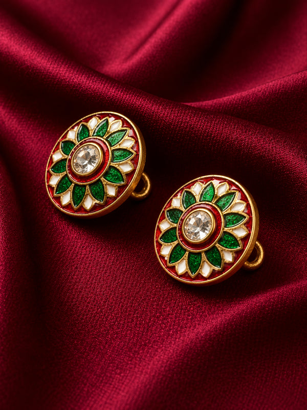 Crimson Red & Emerald Floral Enamel Buttons (Set of 13) | Gold Metal Kurta & Sherwani Buttons