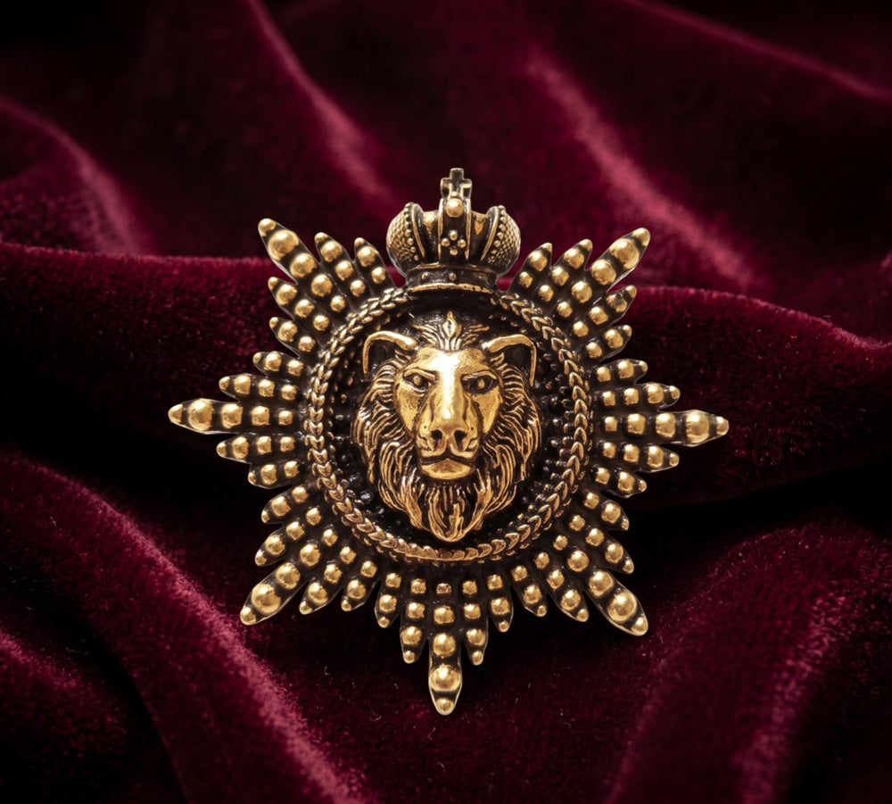 Imperial Lion Crest Antique Gold Brooch with Crown | Royal Starburst Medallion Pin