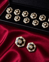 Hexagonal Monochrome Lotus Enamel Buttons (Set of 13) | Gold Tone Crystal Studs for Sherwani & Blazers
