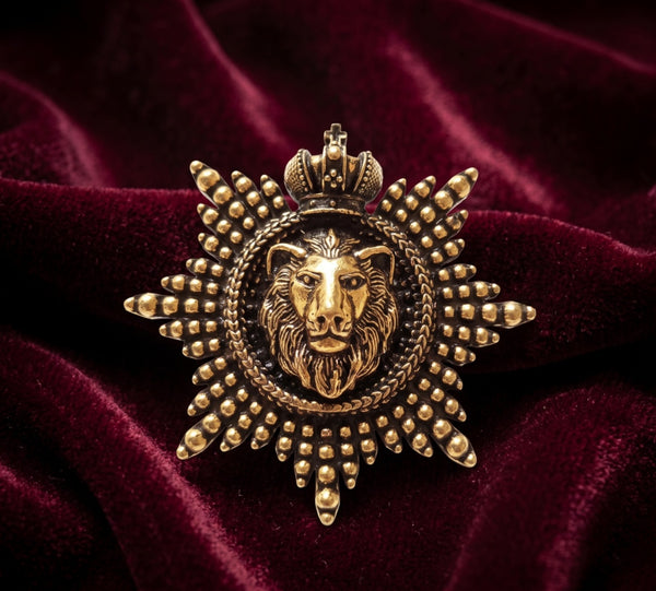 Imperial Lion Crest Antique Gold Brooch with Crown | Royal Starburst Medallion Pin