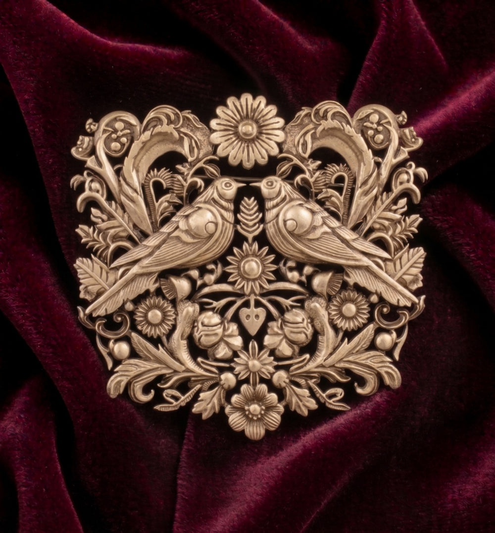 Antique Gold Twin Lovebirds Floral Brooch | Vintage Baroque Nature Pin for Sarees & Jackets