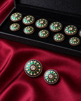 Emerald Green & Navy Lotus Blossom Enamel Buttons (Set of 13) | Gold Metal Buttons for Sherwani & Blazers