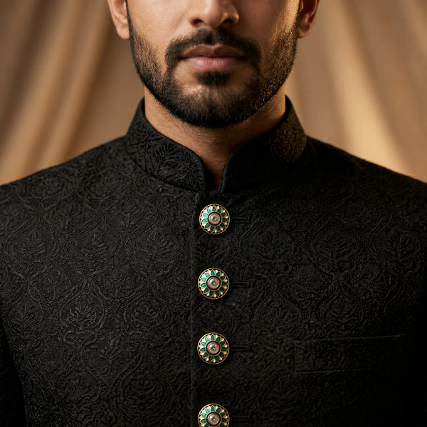 Emerald Green & Navy Lotus Blossom Enamel Buttons (Set of 13) | Gold Metal Buttons for Sherwani & Blazers