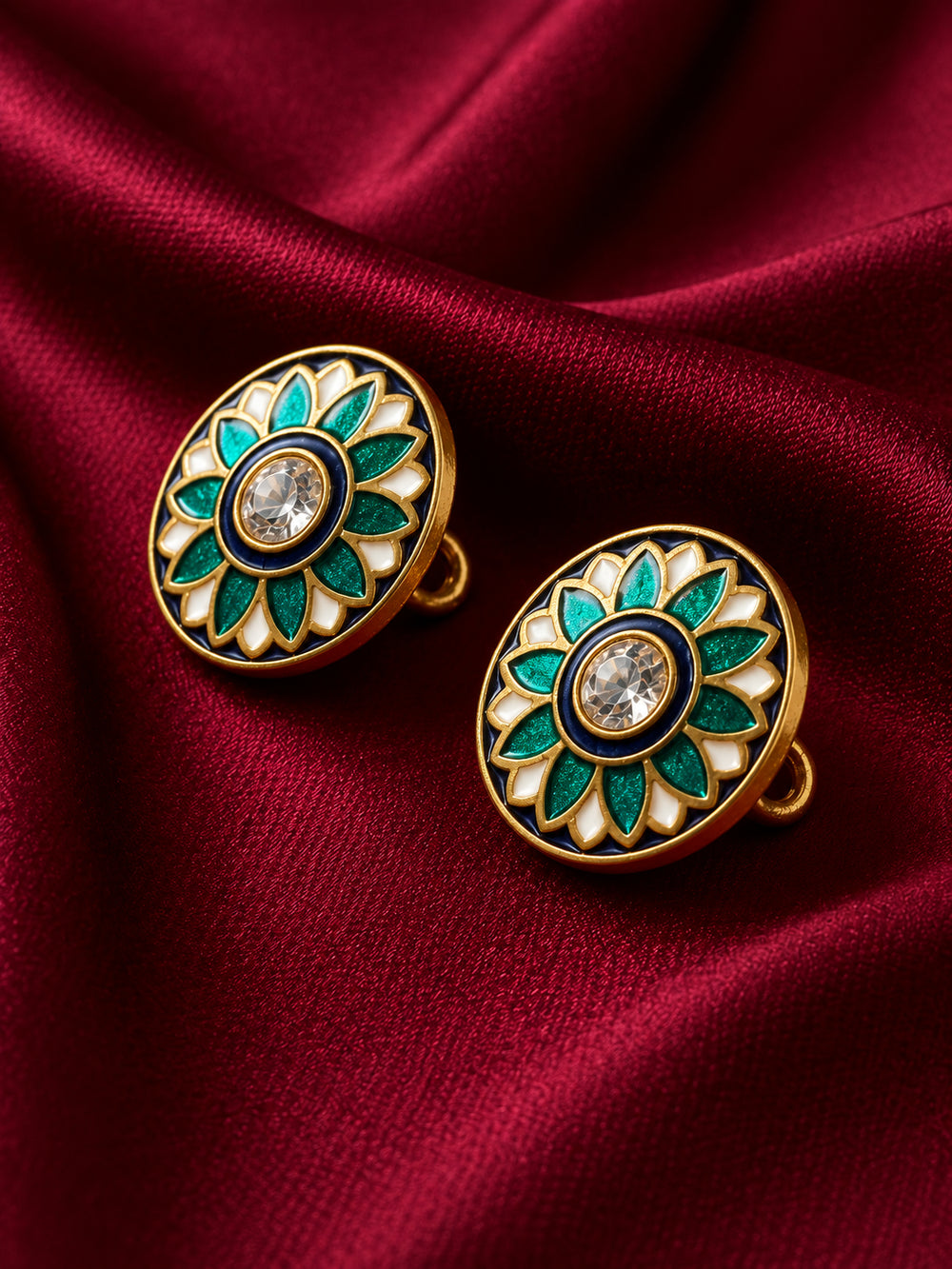 Emerald Green & Navy Lotus Blossom Enamel Buttons (Set of 13) | Gold Metal Buttons for Sherwani & Blazers